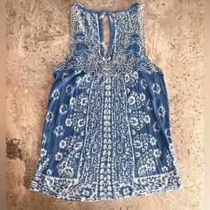 LUCKY BRAND Linen Blend Tank w/ Embroidered Lace Detail